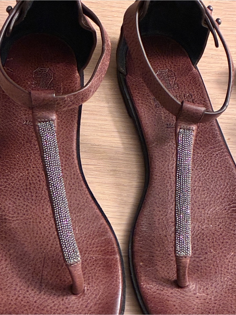 Brunello Cucinelli Brown Leather T‑Strap Sandal 37.5+Most Luxury Cushion Insoles